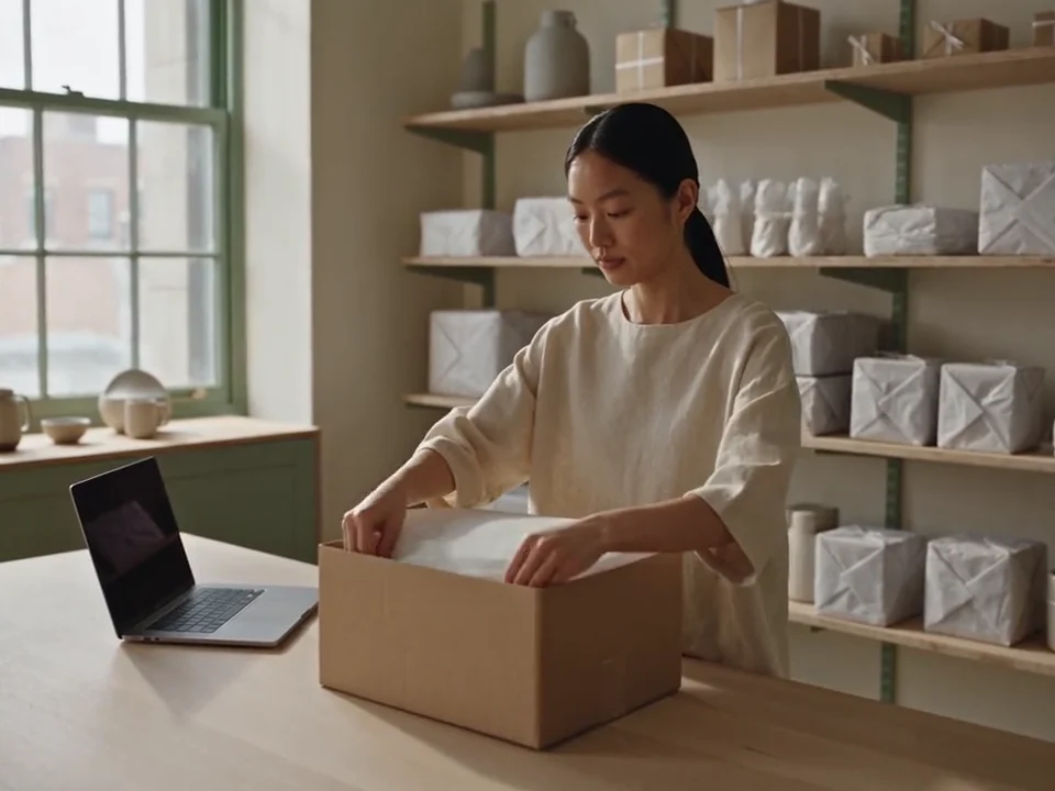 An online retailer prepares a carefully packed homeware order.